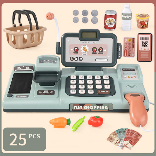 This mini play supermarket cash register toy set comes with 25pcs that you can find in a supermarket